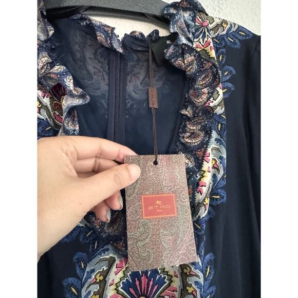 Etro Plunging Engineer Border-Print Ruffle Cady Midi Dress IT42/US6 - Picture 10 of 14